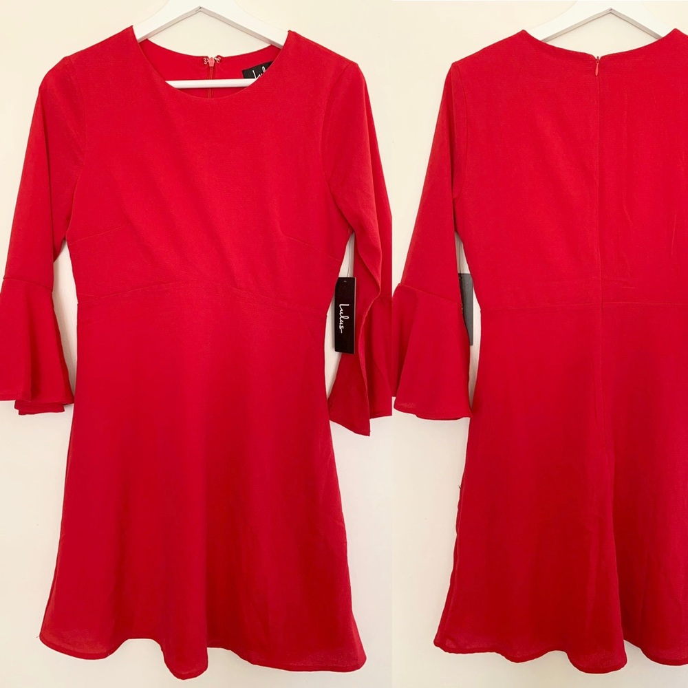NWT Lulus Red Flounce Sleeve Dress fit and Flare - Picture 3 of 6